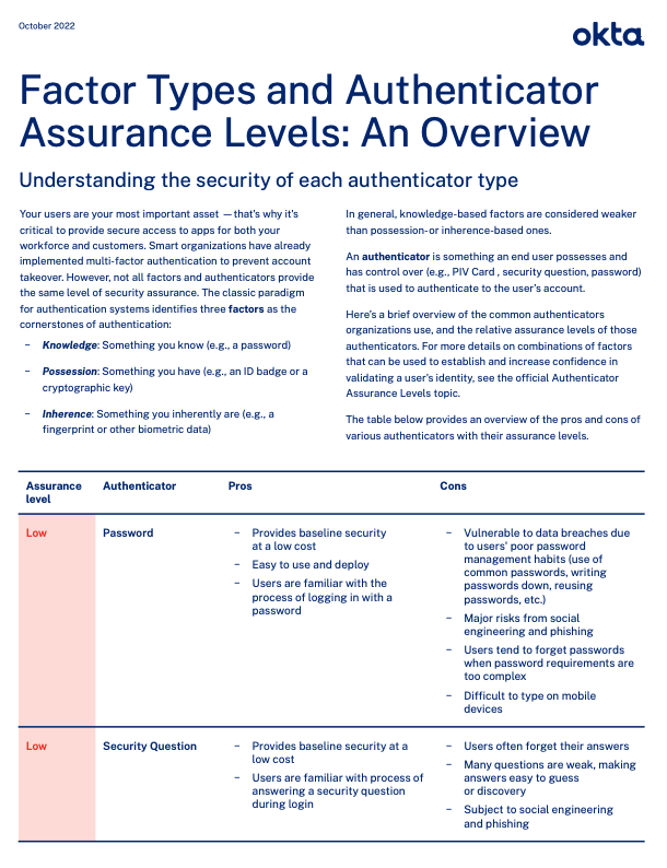 Factor Types and Authenticator Assurance Levels Okta